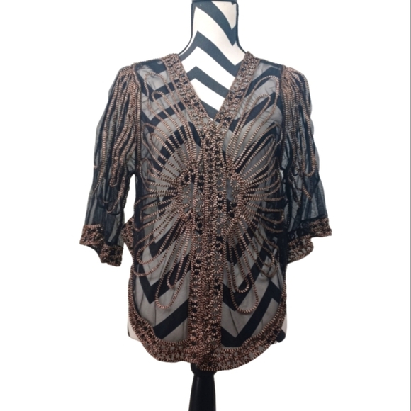 Sheer Boho Gold Embroidered Open Front Evening Topper Blouse - Picture 1 of 11